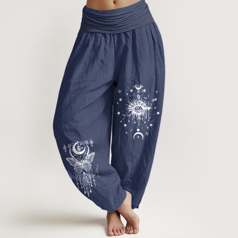 Buddha Stones Pantalones harén de algodón puro con diseño minimalista, estampado de mariposas y ojos, cintura elástica para mujer - Azul pizarra oscuro - US16，UK/AU20，EU48 (3XL) - image 0