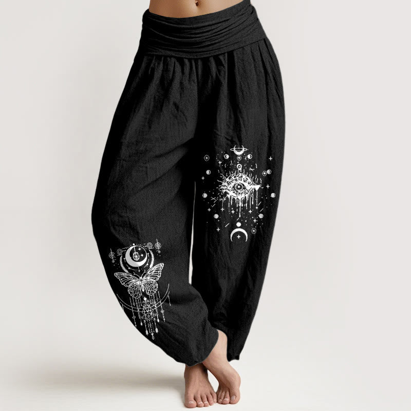 Buddha Stones Pantalones harén de algodón puro con diseño minimalista, estampado de mariposas y ojos, cintura elástica para mujer - Negro - US16，UK/AU20，EU48 (3XL) - image 5