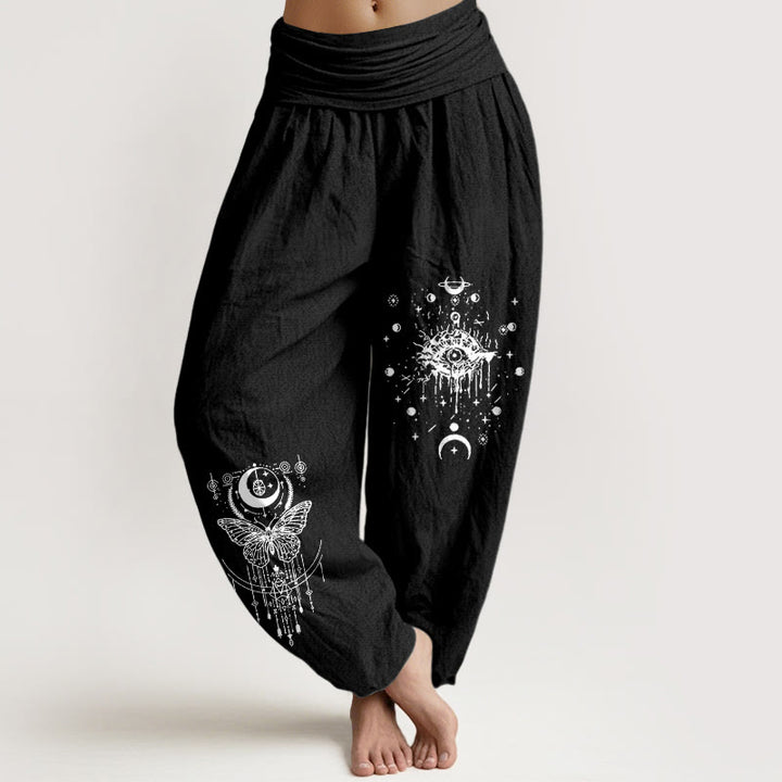 Buddha Stones Pantalones harén de algodón puro con diseño minimalista, estampado de mariposas y ojos, cintura elástica para mujer - Negro - US16，UK/AU20，EU48 (3XL) - image 5