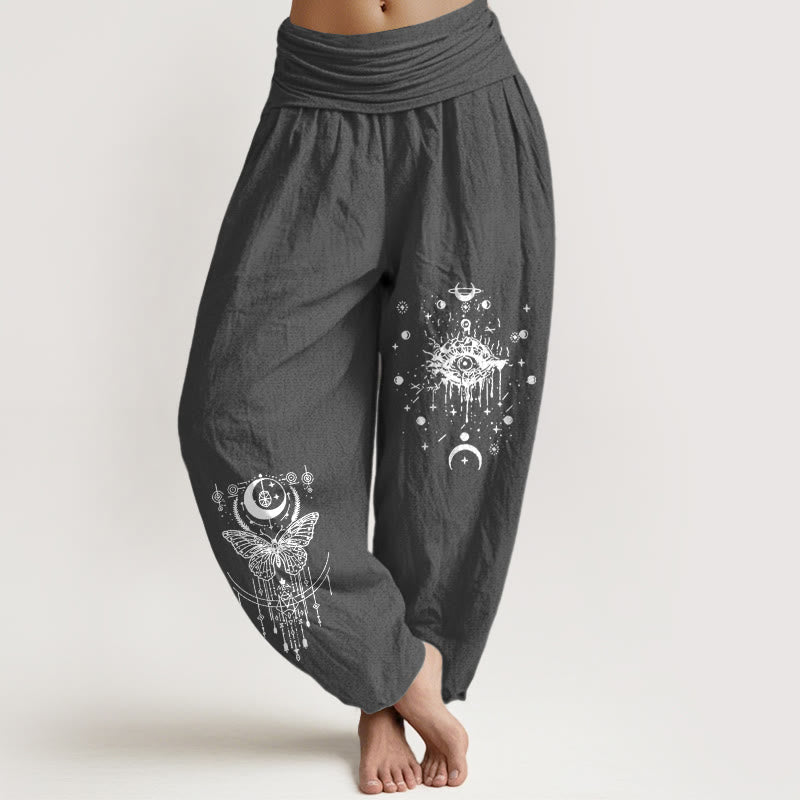 Buddha Stones Pantalones harén de algodón puro con diseño minimalista, estampado de mariposas y ojos, cintura elástica para mujer - Gris oscuro - US16，UK/AU20，EU48 (3XL) - image 8