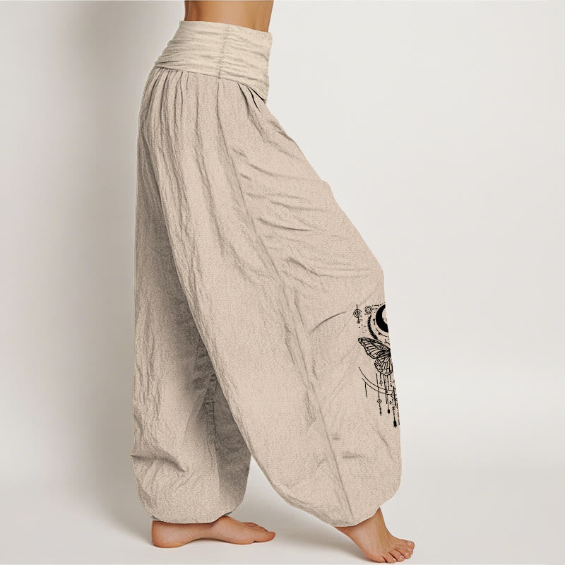 Buddha Stones Pantalones harén de algodón puro con diseño minimalista, estampado de mariposas y ojos, cintura elástica para mujer - image 13