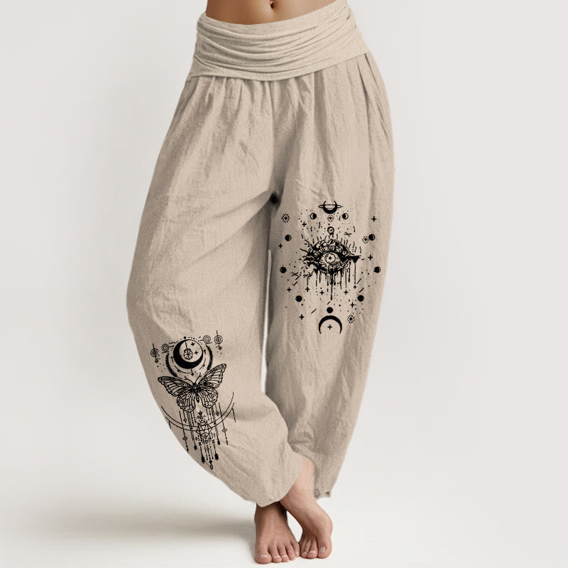 Buddha Stones Pantalones harén de algodón puro con diseño minimalista, estampado de mariposas y ojos, cintura elástica para mujer - Broncearse - US16，UK/AU20，EU48 (3XL) - image 11