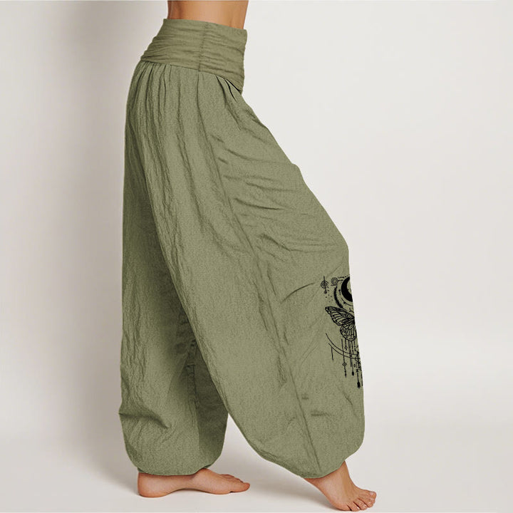 Buddha Stones Pantalones harén de algodón puro con diseño minimalista, estampado de mariposas y ojos, cintura elástica para mujer - image 16