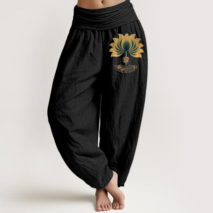 Buddha Stones Pantalones harén de algodón puro con cintura elástica y diseño de loto en colores armoniosos para mujer - Negro - US16，UK/AU20，EU48 (3XL) - image 0