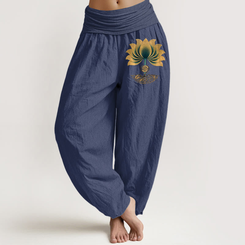 Buddha Stones Pantalones harén de algodón puro con cintura elástica y diseño de loto en colores armoniosos para mujer - Azul pizarra oscuro - US16，UK/AU20，EU48 (3XL) - image 5