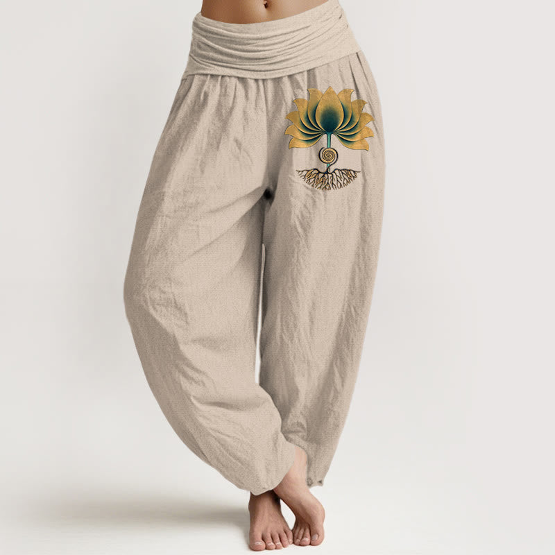 Buddha Stones Pantalones harén de algodón puro con cintura elástica y diseño de loto en colores armoniosos para mujer - Broncearse - US16，UK/AU20，EU48 (3XL) - image 11