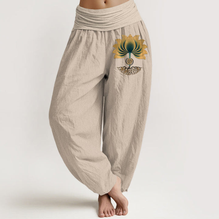 Buddha Stones Pantalones harén de algodón puro con cintura elástica y diseño de loto en colores armoniosos para mujer - Broncearse - US16，UK/AU20，EU48 (3XL) - image 11