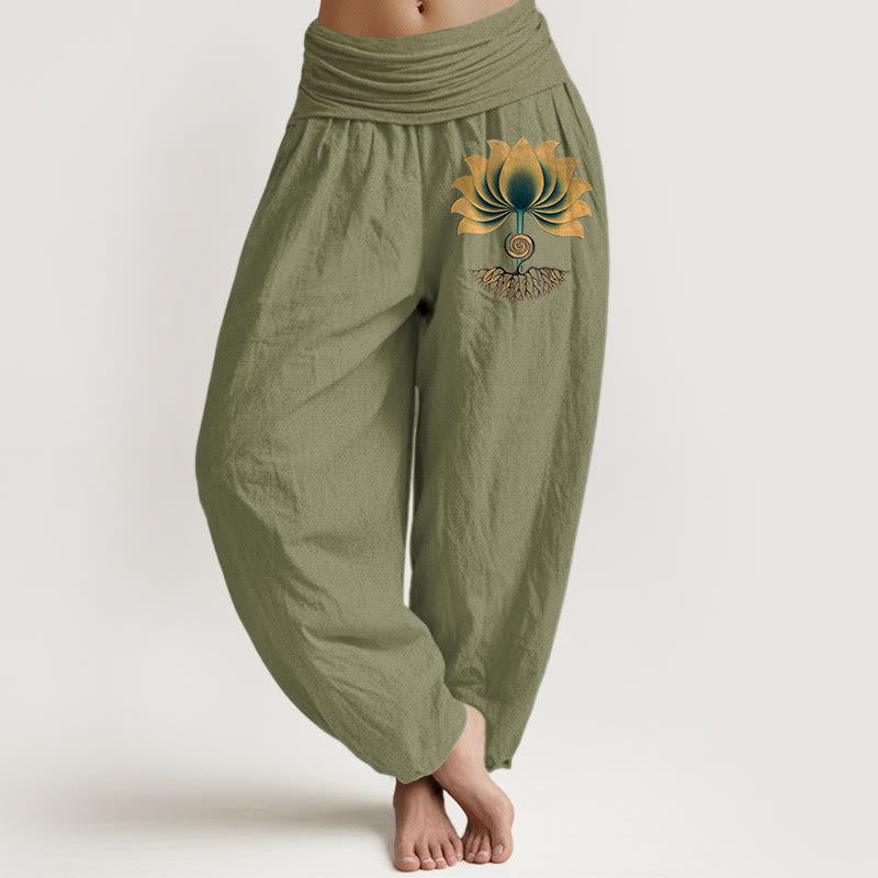 Buddha Stones Pantalones harén de algodón puro con cintura elástica y diseño de loto en colores armoniosos para mujer - Verde oliva - US16，UK/AU20，EU48 (3XL) - image 14