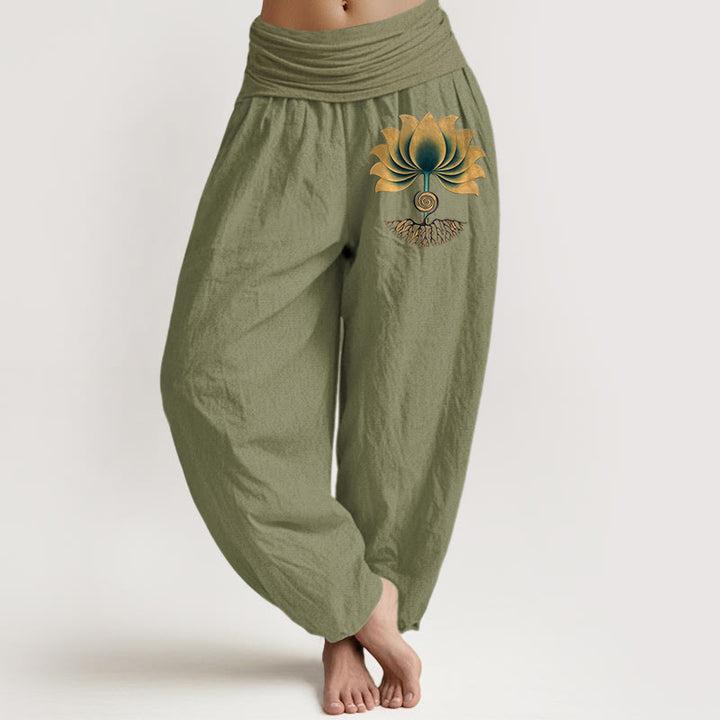 Buddha Stones Pantalones harén de algodón puro con cintura elástica y diseño de loto en colores armoniosos para mujer - Verde oliva - US16，UK/AU20，EU48 (3XL) - image 14