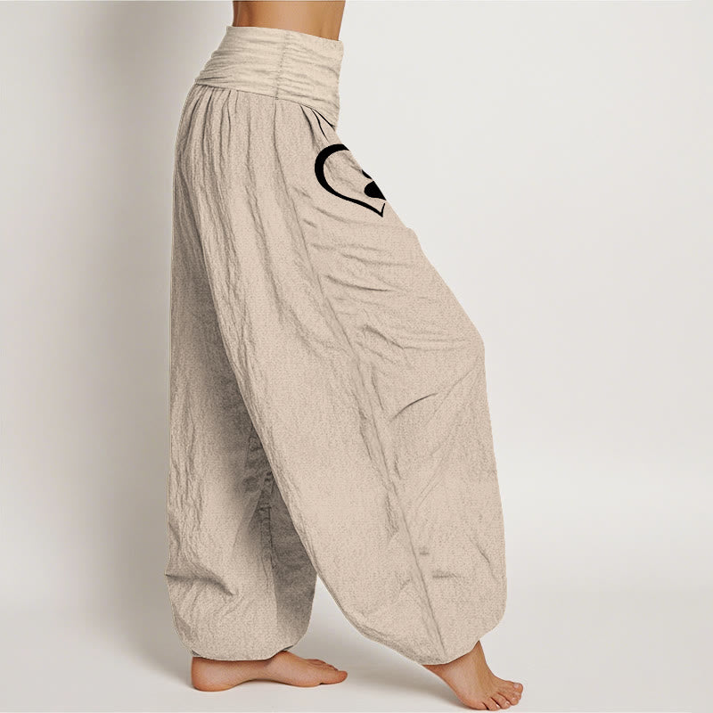 Buddha Stones Pantalones harén de algodón puro con estampado de huellas de gato y corazón para mujer, cintura elástica - image 2