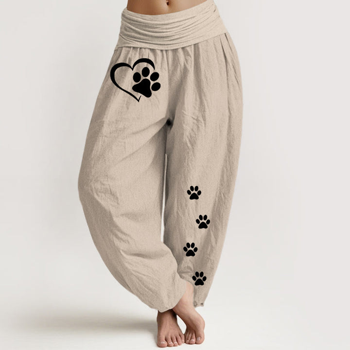 Buddha Stones Pantalones harén de algodón puro con estampado de huellas de gato y corazón para mujer, cintura elástica - Broncearse - US16，UK/AU20，EU48 (3XL) - image 0