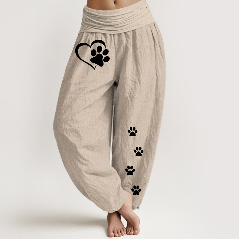 Buddha Stones Pantalones harén de algodón puro con estampado de huellas de gato y corazón para mujer, cintura elástica - Broncearse - US16，UK/AU20，EU48 (3XL) - image 0