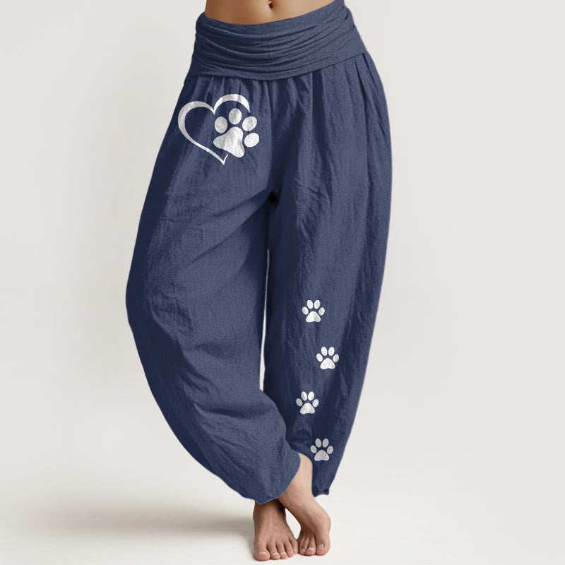 Buddha Stones Pantalones harén de algodón puro con estampado de huellas de gato y corazón para mujer, cintura elástica - Azul pizarra oscuro - US16，UK/AU20，EU48 (3XL) - image 8