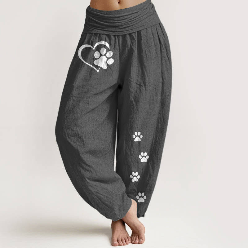 Buddha Stones Pantalones harén de algodón puro con estampado de huellas de gato y corazón para mujer, cintura elástica - Gris oscuro - US16，UK/AU20，EU48 (3XL) - image 11