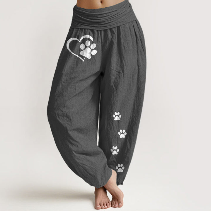 Buddha Stones Pantalones harén de algodón puro con estampado de huellas de gato y corazón para mujer, cintura elástica - Gris oscuro - US16，UK/AU20，EU48 (3XL) - image 11