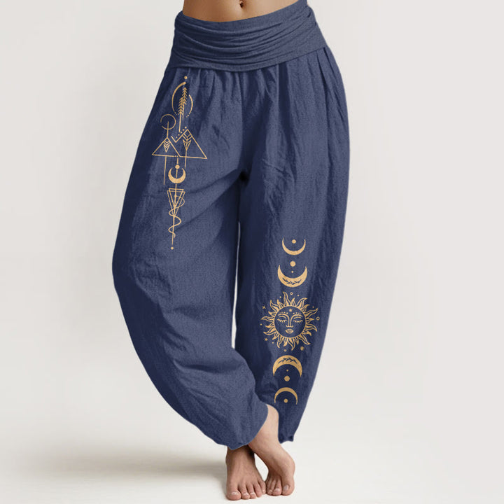 Buddha Stones Pantalones harén de algodón puro con estampado geométrico de sol y luna para mujer, cintura elástica - Azul pizarra oscuro - US16，UK/AU20，EU48 (3XL) - image 5