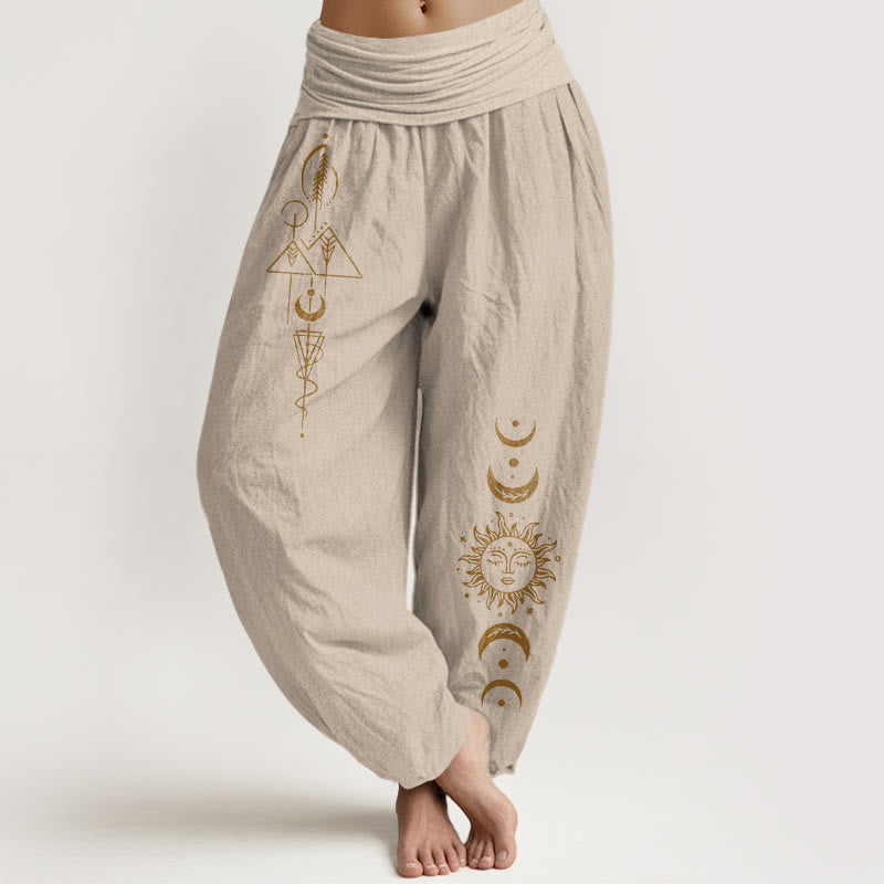 Buddha Stones Pantalones harén de algodón puro con estampado geométrico de sol y luna para mujer, cintura elástica - Broncearse - US16，UK/AU20，EU48 (3XL) - image 11