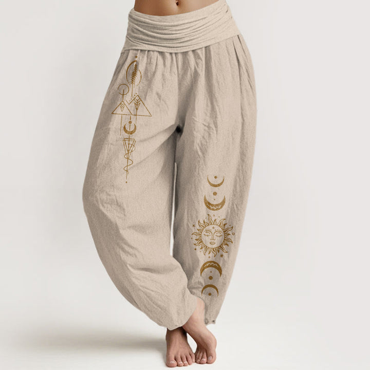 Buddha Stones Pantalones harén de algodón puro con estampado geométrico de sol y luna para mujer, cintura elástica - Broncearse - US16，UK/AU20，EU48 (3XL) - image 11