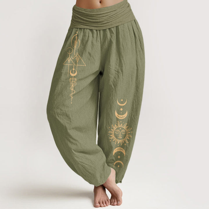 Buddha Stones Pantalones harén de algodón puro con estampado geométrico de sol y luna para mujer, cintura elástica - Verde oliva - US16，UK/AU20，EU48 (3XL) - image 14