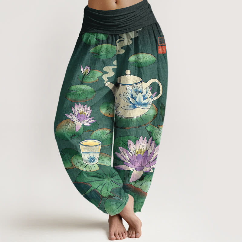 Buddha Stones Pantalones harén de algodón puro con estampado de flor de loto y hojas para mujer, cintura elástica - Verdemar - US16，UK/AU20，EU48 (3XL) - image 0