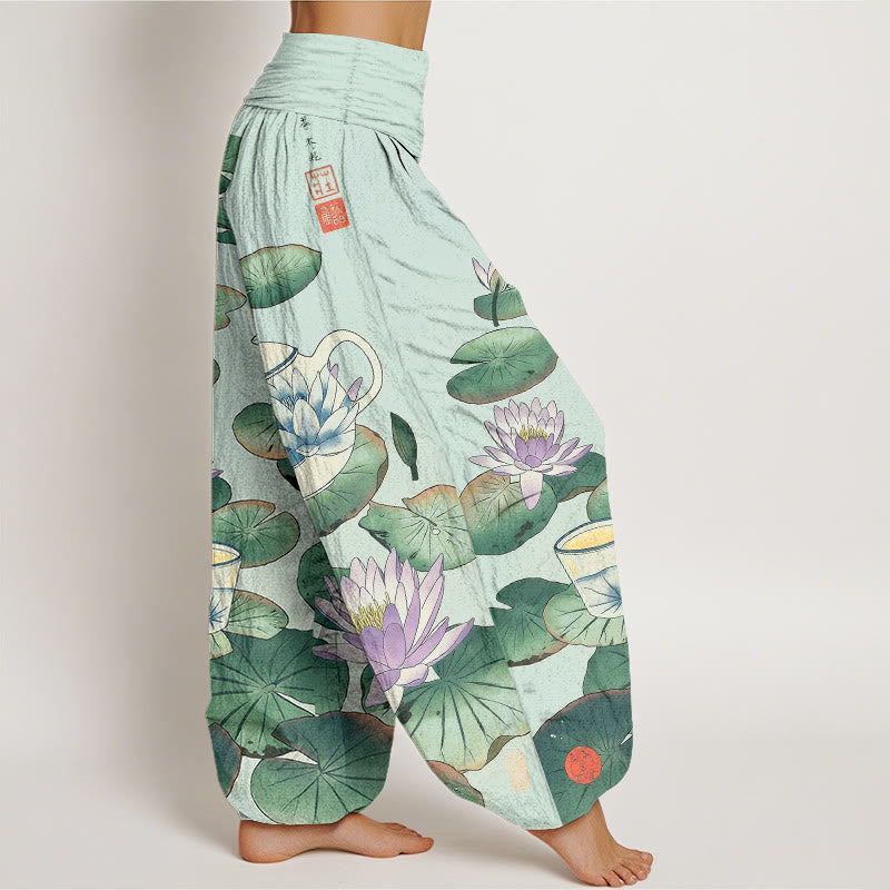 Buddha Stones Pantalones harén de algodón puro con estampado de flor de loto y hojas para mujer, cintura elástica - image 10