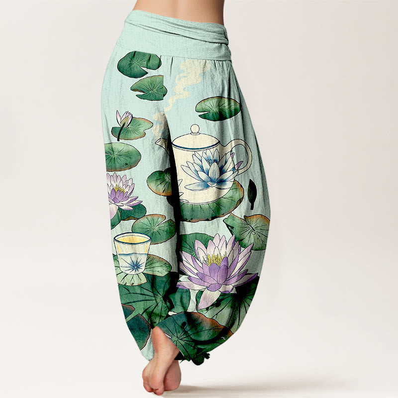 Buddha Stones Pantalones harén de algodón puro con estampado de flor de loto y hojas para mujer, cintura elástica - image 9