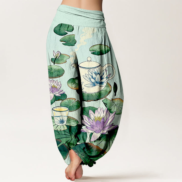 Buddha Stones Pantalones harén de algodón puro con estampado de flor de loto y hojas para mujer, cintura elástica - image 9