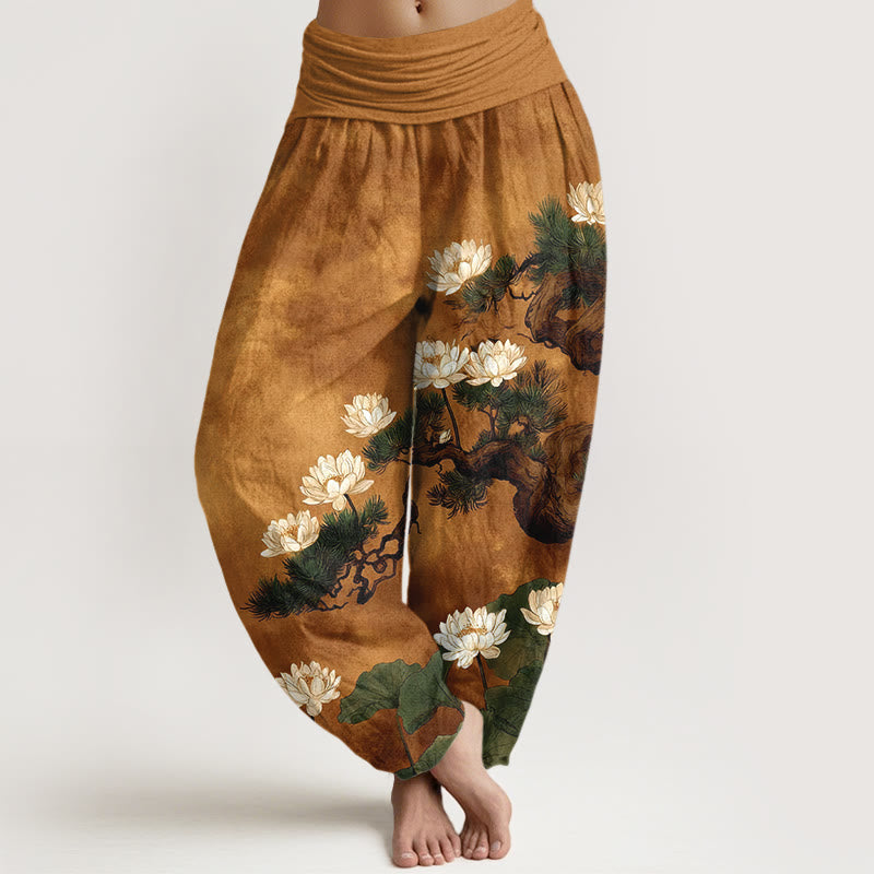 Buddha Stones Pantalones harén de algodón puro con estampado de hojas de loto y pino para mujer, cintura elástica - Vara de oro - US16，UK/AU20，EU48 (3XL) - image 0