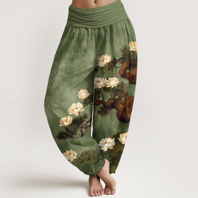 Buddha Stones Pantalones harén de algodón puro con estampado de hojas de loto y pino para mujer, cintura elástica - Verde oliva - US16，UK/AU20，EU48 (3XL) - image 5