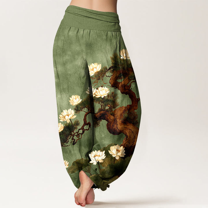 Buddha Stones Pantalones harén de algodón puro con estampado de hojas de loto y pino para mujer, cintura elástica - image 6