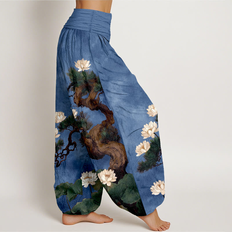 Buddha Stones Pantalones harén de algodón puro con estampado de hojas de loto y pino para mujer, cintura elástica - image 10