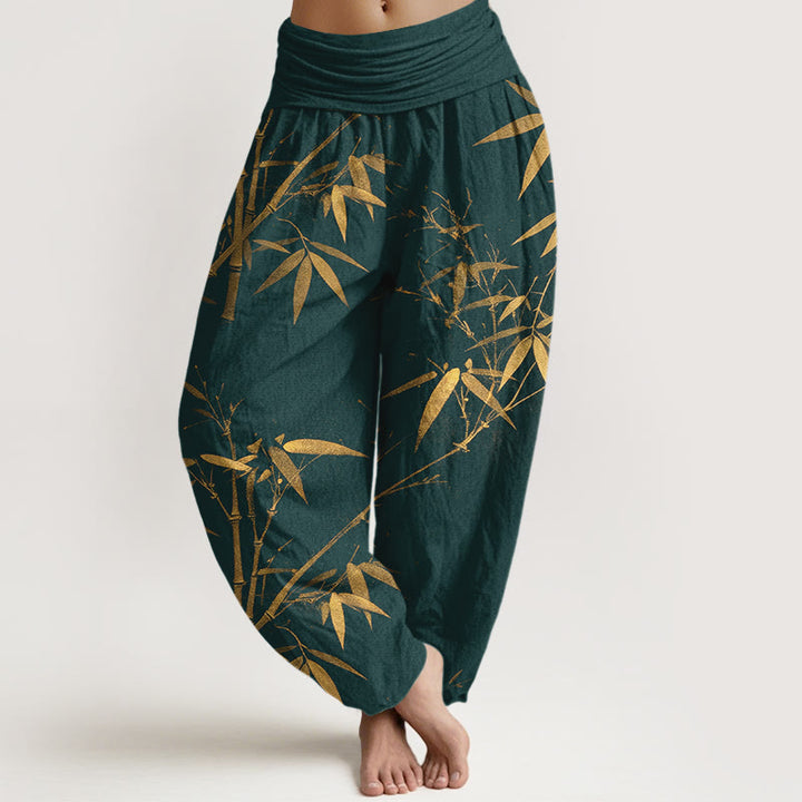 Buddha Stones Pantalones harén de cintura elástica para mujer con estampado clásico de bambú de algodón puro - Verde azulado - US16，UK/AU20，EU48 (3XL) - image 0