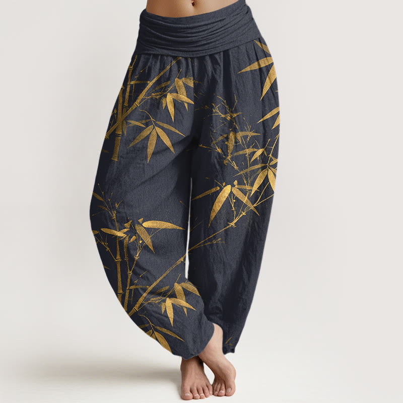 Buddha Stones Pantalones harén de cintura elástica para mujer con estampado clásico de bambú de algodón puro - Azul medianoche - US16，UK/AU20，EU48 (3XL) - image 5