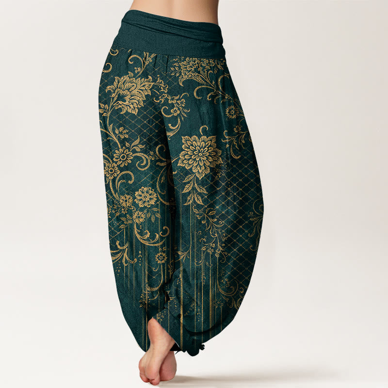 Buddha Stones Pantalones harén de algodón puro con estampado clásico de flores, hojas y enredaderas para mujer, cintura elástica - image 1