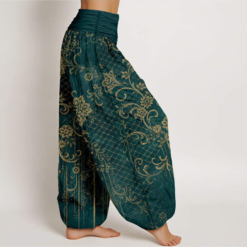 Buddha Stones Pantalones harén de algodón puro con estampado clásico de flores, hojas y enredaderas para mujer, cintura elástica - image 2
