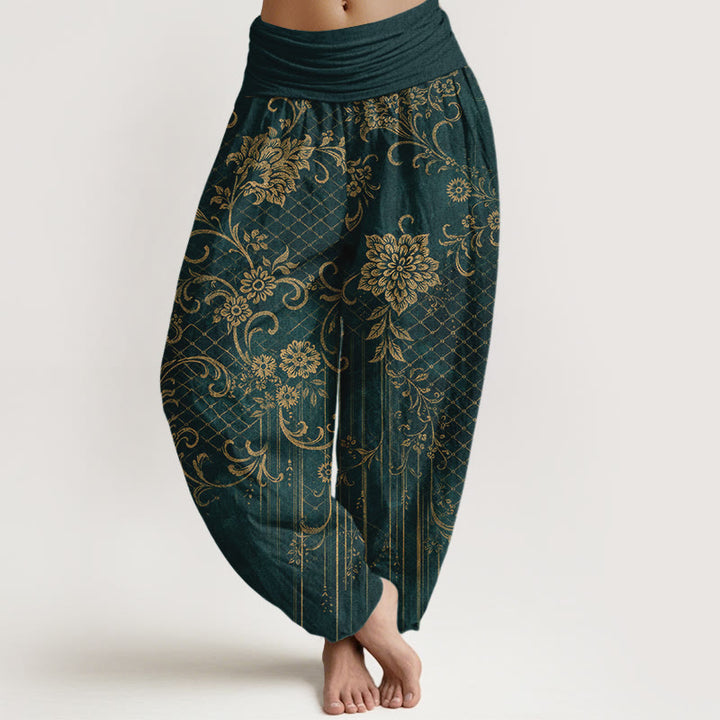 Buddha Stones Pantalones harén de algodón puro con estampado clásico de flores, hojas y enredaderas para mujer, cintura elástica - Verde oscuro - US16，UK/AU20，EU48 (3XL) - image 0