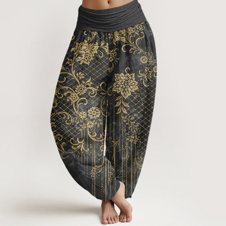 Buddha Stones Pantalones harén de algodón puro con estampado clásico de flores, hojas y enredaderas para mujer, cintura elástica - Gris oscuro - US16，UK/AU20，EU48 (3XL) - image 5
