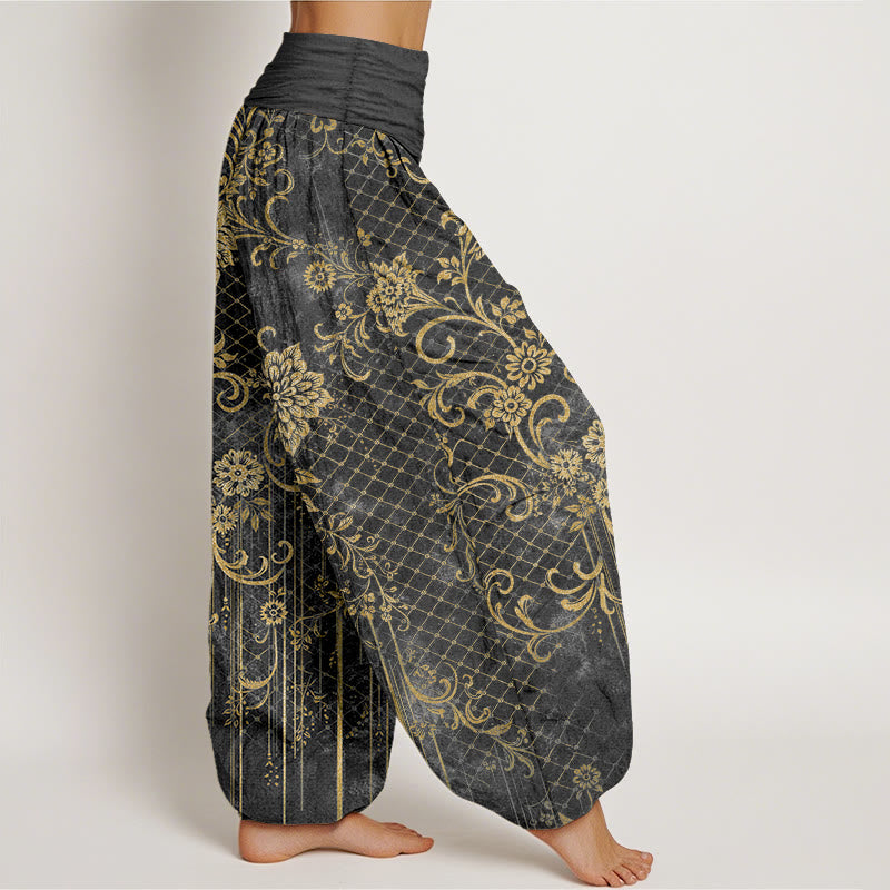 Buddha Stones Pantalones harén de algodón puro con estampado clásico de flores, hojas y enredaderas para mujer, cintura elástica - image 7