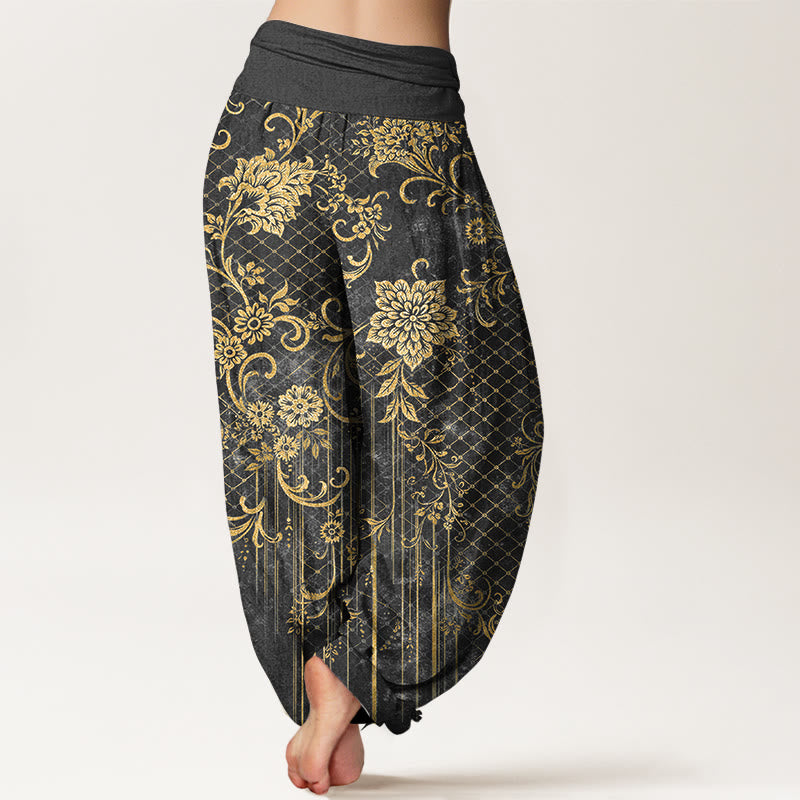 Buddha Stones Pantalones harén de algodón puro con estampado clásico de flores, hojas y enredaderas para mujer, cintura elástica - image 6
