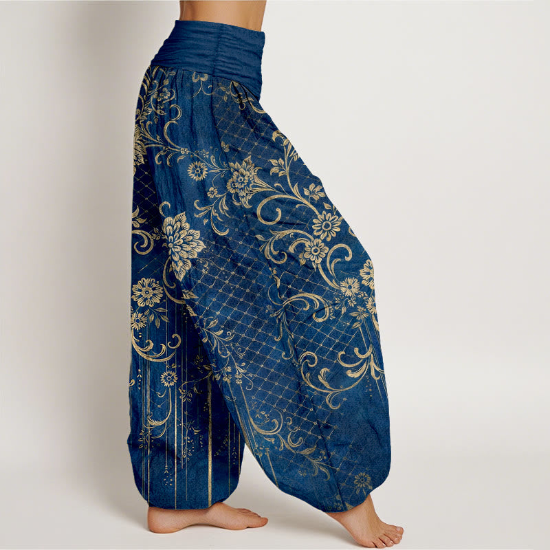 Buddha Stones Pantalones harén de algodón puro con estampado clásico de flores, hojas y enredaderas para mujer, cintura elástica - image 10