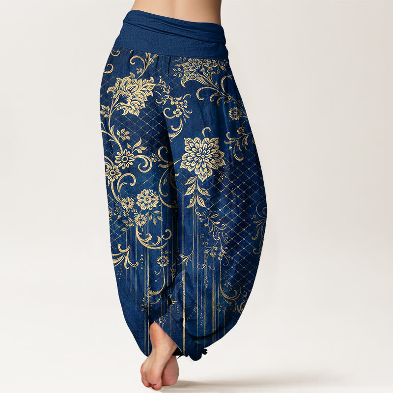 Buddha Stones Pantalones harén de algodón puro con estampado clásico de flores, hojas y enredaderas para mujer, cintura elástica - image 9