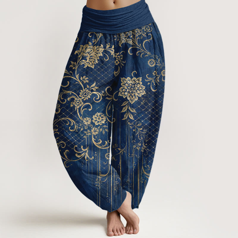 Buddha Stones Pantalones harén de algodón puro con estampado clásico de flores, hojas y enredaderas para mujer, cintura elástica - Azul oscuro - US16，UK/AU20，EU48 (3XL) - image 8