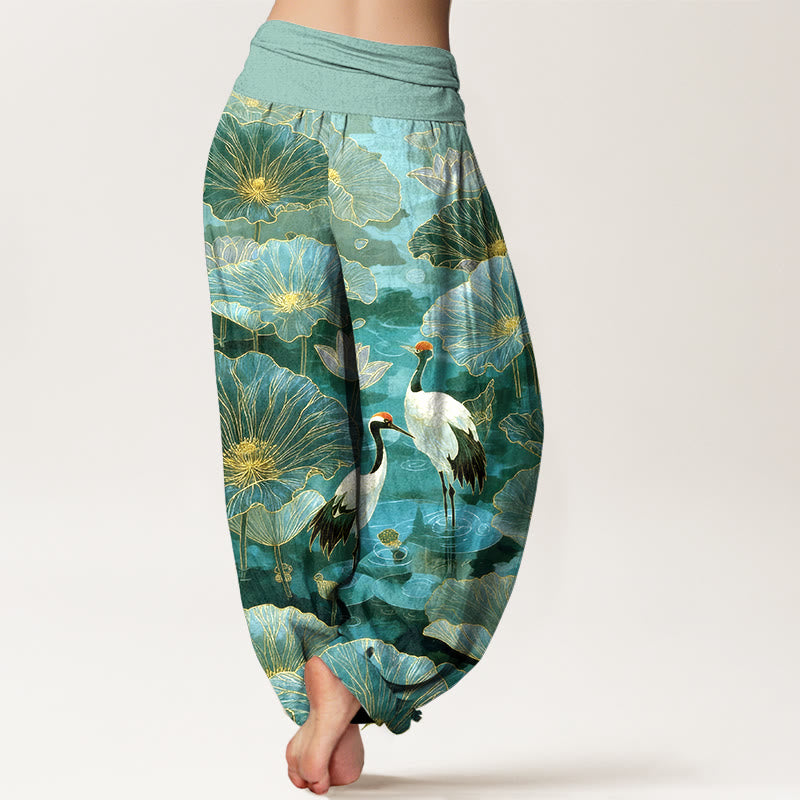 Buddha Stones Pantalones harem de mujer con cintura elástica, elegantes, de algodón puro, con estampado de grulla, flor de loto y hojas. - image 1