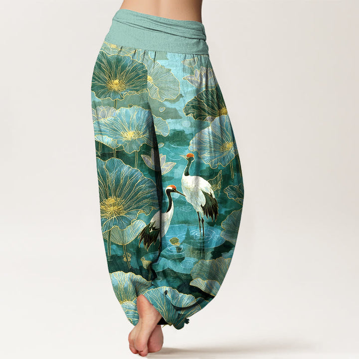 Buddha Stones Pantalones harem de mujer con cintura elástica, elegantes, de algodón puro, con estampado de grulla, flor de loto y hojas. - image 1