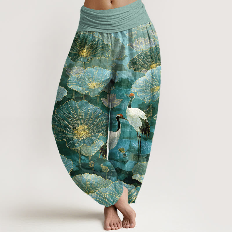 Buddha Stones Pantalones harem de mujer con cintura elástica, elegantes, de algodón puro, con estampado de grulla, flor de loto y hojas. - Aguamarina medio - US16，UK/AU20，EU48 (3XL) - image 0