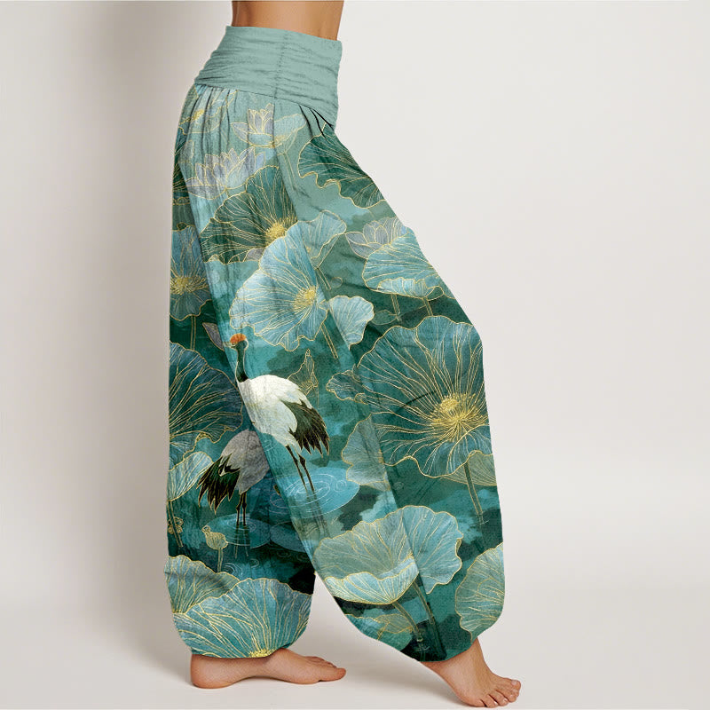 Buddha Stones Pantalones harem de mujer con cintura elástica, elegantes, de algodón puro, con estampado de grulla, flor de loto y hojas. - image 2
