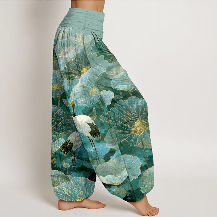 Buddha Stones Pantalones harem de mujer con cintura elástica, elegantes, de algodón puro, con estampado de grulla, flor de loto y hojas. - image 2