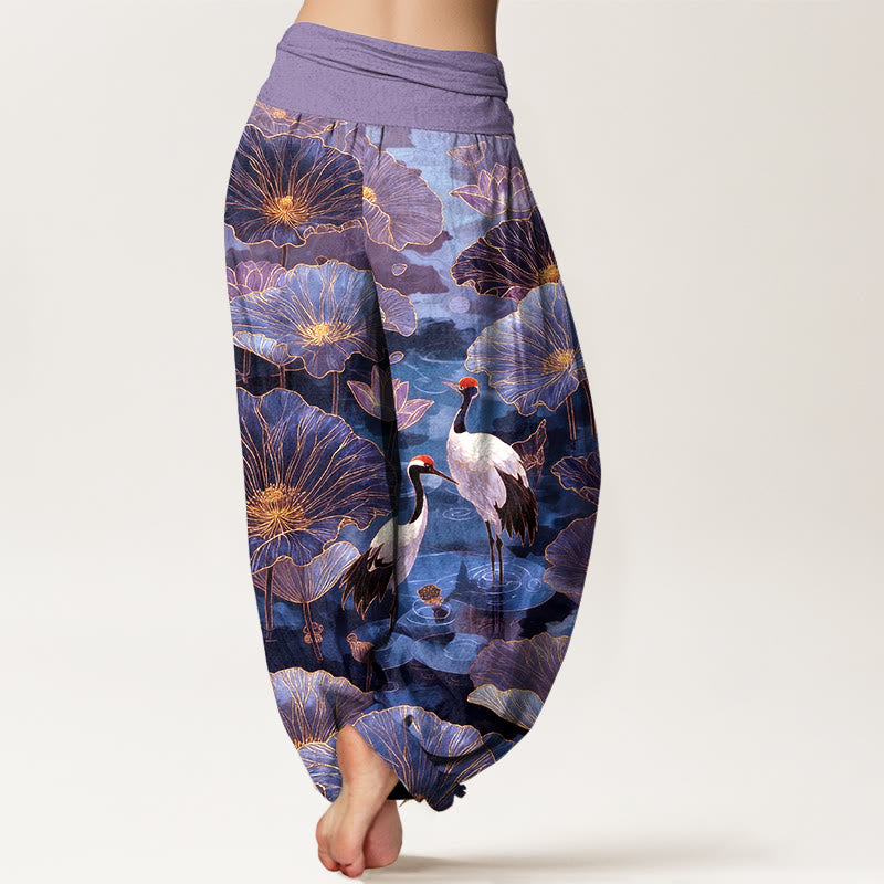 Buddha Stones Pantalones harem de mujer con cintura elástica, elegantes, de algodón puro, con estampado de grulla, flor de loto y hojas. - image 6