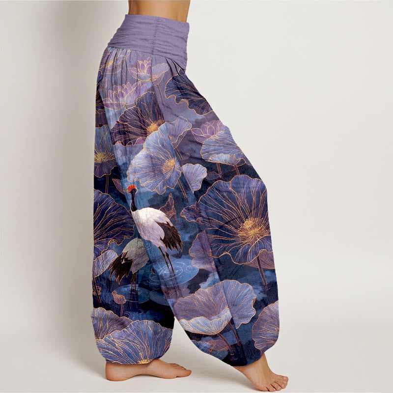 Buddha Stones Pantalones harem de mujer con cintura elástica, elegantes, de algodón puro, con estampado de grulla, flor de loto y hojas. - image 7