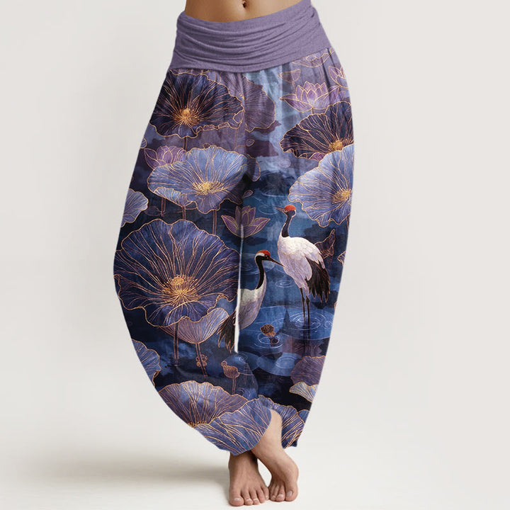 Buddha Stones Pantalones harem de mujer con cintura elástica, elegantes, de algodón puro, con estampado de grulla, flor de loto y hojas. - Morado medio - US16，UK/AU20，EU48 (3XL) - image 5